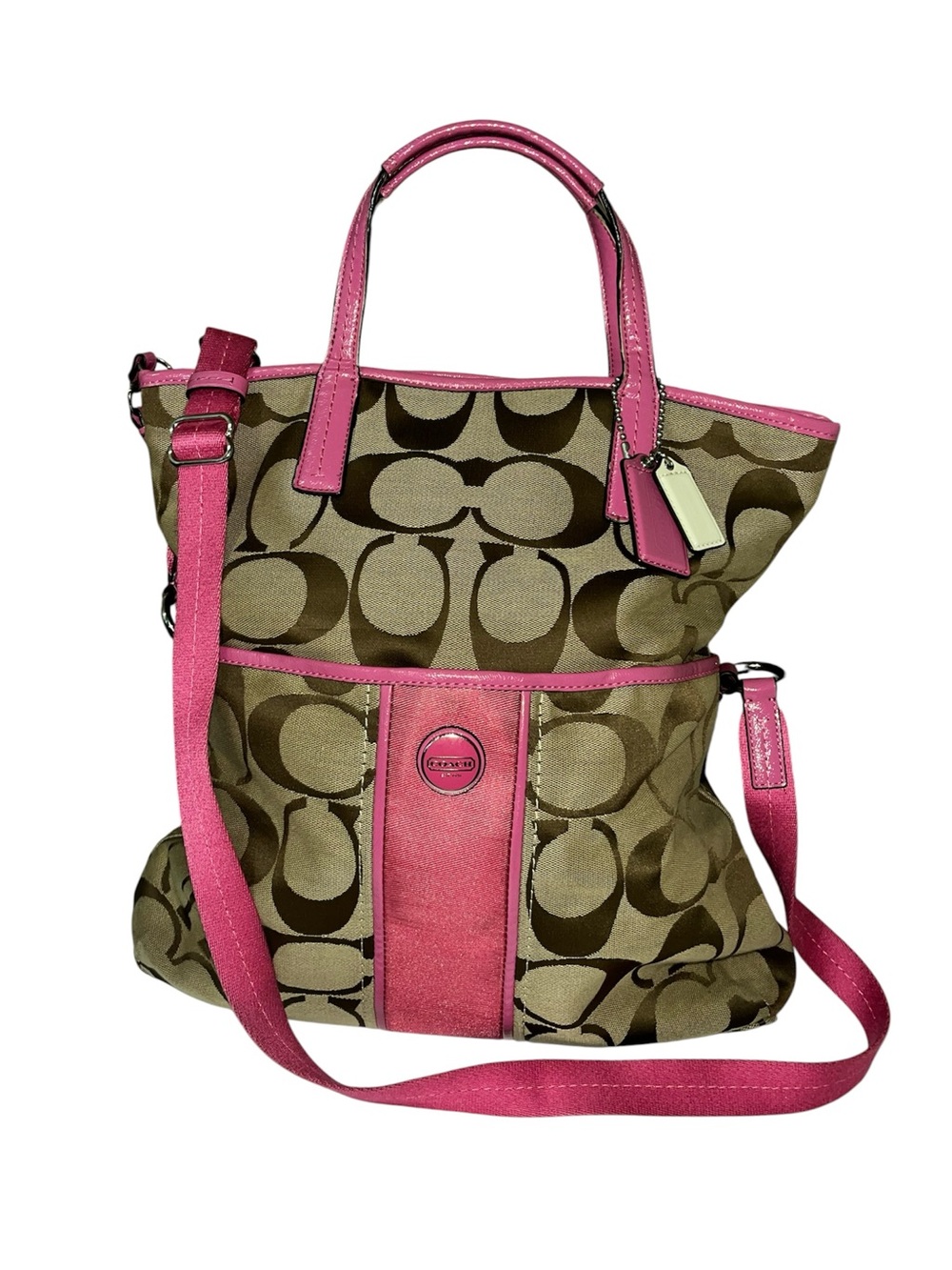 Coach Signature Canvas Shoulder /Crossbody Bag with Pink Trim